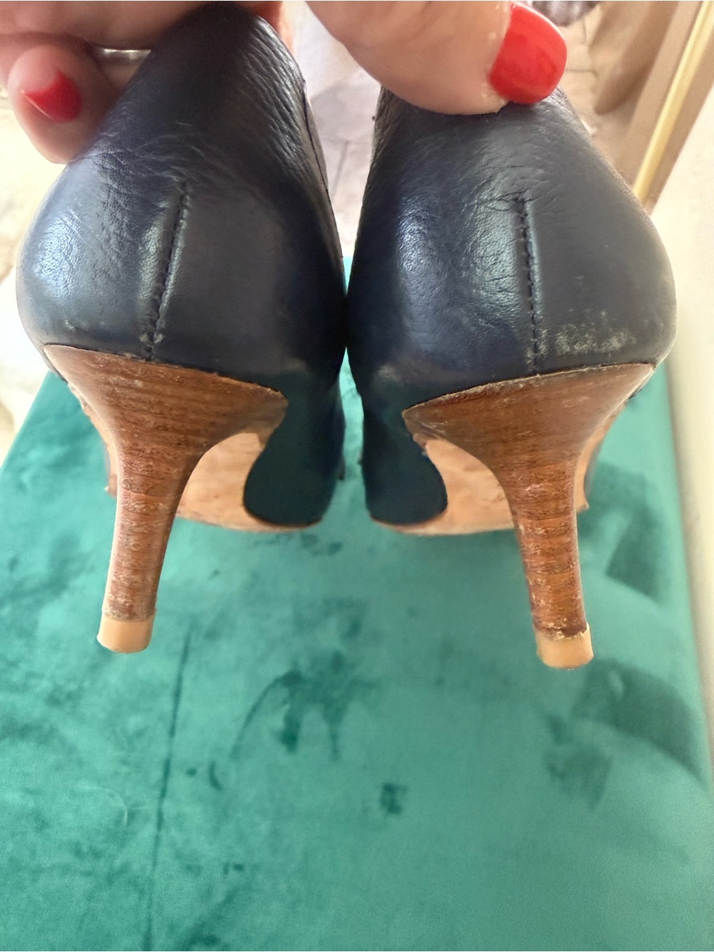 Brooks Brothers 324 Navy Blue Leather Pointed-Toe Wood Kitten Heels with Tassel - Picture 8 of 10